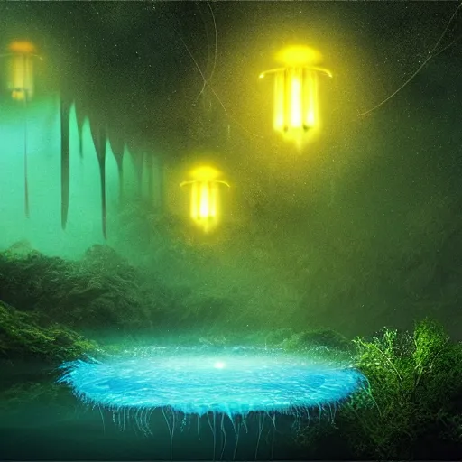 Image similar to floating luminescent jellyfish in an alien nocturnal jungle, matte painting, landscape, mysterious