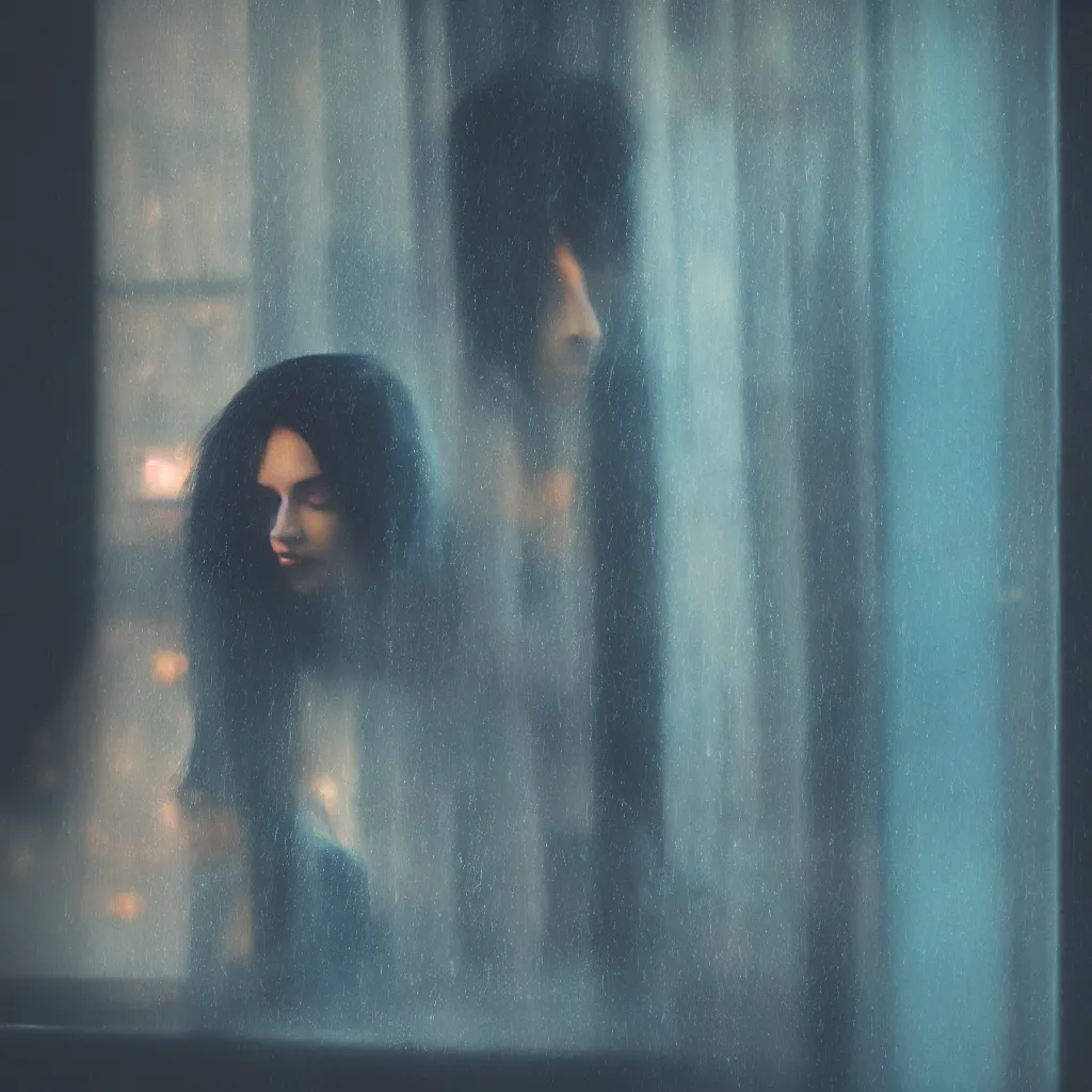 Image similar to beautiful over the shoulder photograph of a woman with dark-blue hair sitting in a bedroom next to a window on a rainy night, outside are neon lights from a busy city, award winning photo, artstation, atmospheric, high detail 1024