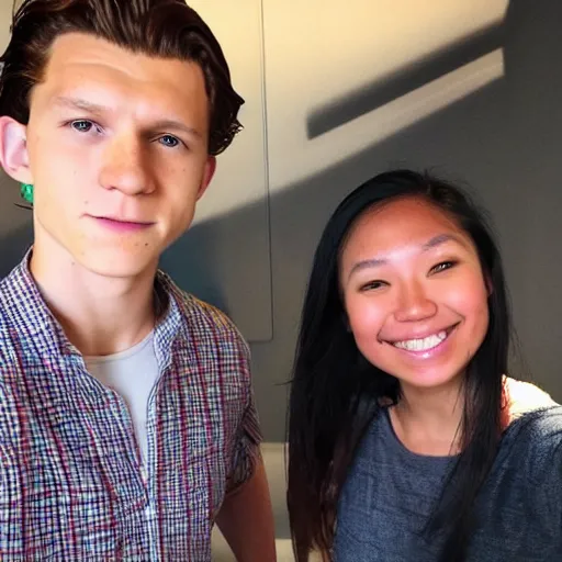 Prompt: Tom Holland at Chapman University with a Filipina college girl