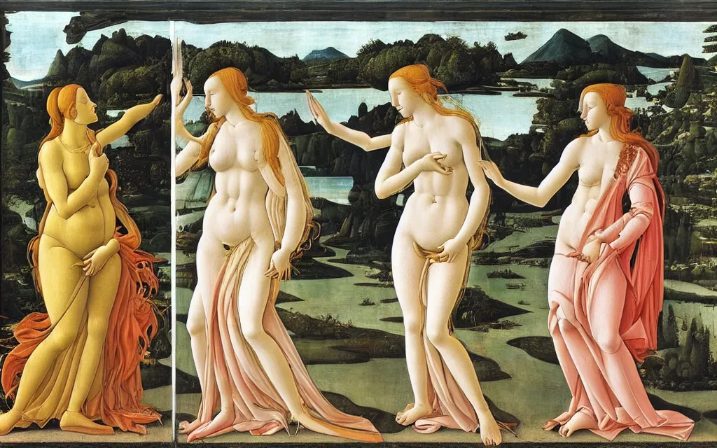 Image similar to sandro botticelli. very soft, delicate light. venus standing at a bus stop arguing with herself.