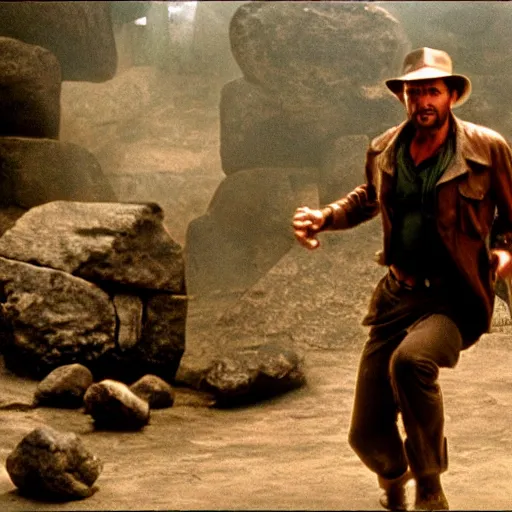 Image similar to Indiana Jones running from rolling boulder trap in ancient temple, raiders of the lost ark movie scene