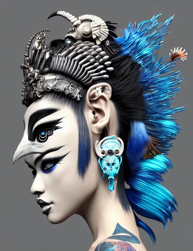 Image similar to 3 d goddess close - up profile portrait punk with mohawk with ram skull. beautiful intricately detailed japanese crow kitsune mask and clasical japanese kimono. betta fish, jellyfish phoenix, bio luminescent, plasma, ice, water, wind, creature, artwork by tooth wu and wlop and beeple and greg rutkowski