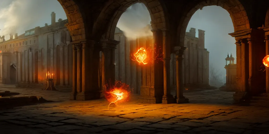 Image similar to A view of a mage casting fireball in Elizabethan era town, foggy, ruins, hyperdetailed, concept art, cinematographic, wide angle camera, unreal engine