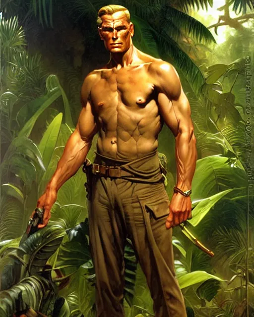 Image similar to doc savage in the jungle, fantasy character portrait, ultra realistic, concept art, intricate details, highly detailed by william adolphe bouguereau james bama, and frank frazetta