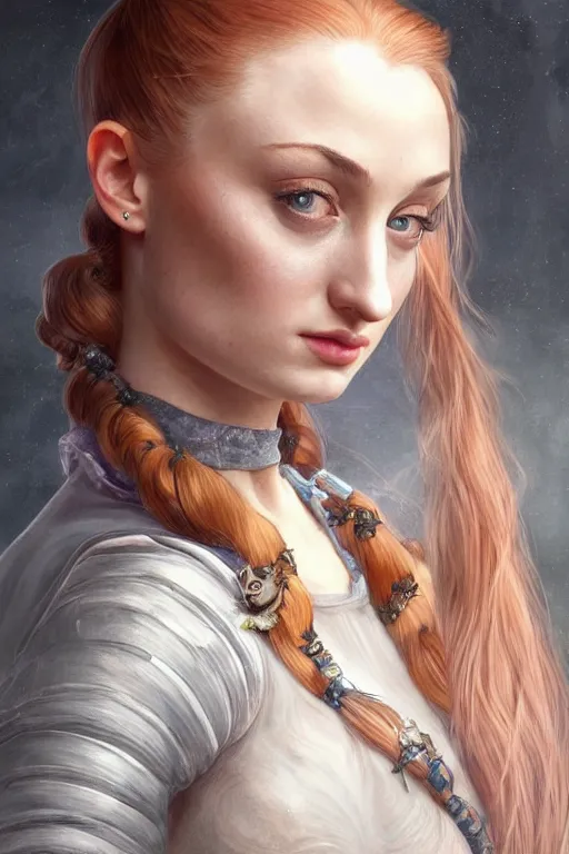 Image similar to Sophie Turner with a ponytail, anatomy, cute, fantasy, intricate, elegant, highly detailed, digital painting, 4k, HDR, concept art, smooth, sharp focus, illustration, art by artgerm and H R Giger and alphonse mucha