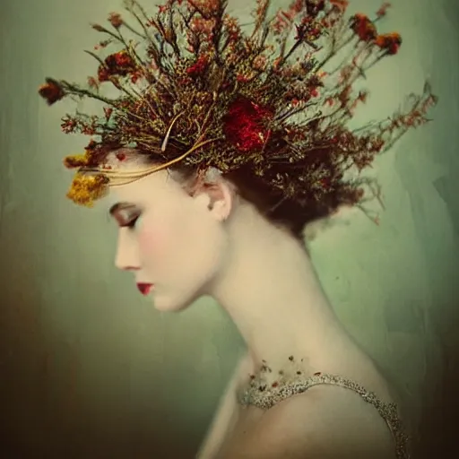 Prompt: fine art photo of the most beautiful woman, she has a crown of dried flowers, by oleg oprisco