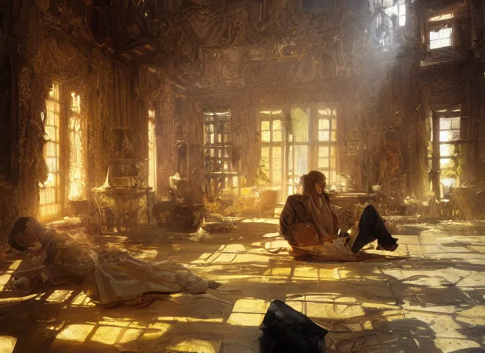 Image similar to the rich golden house and shadow of people lying around volumetric lighting, digital painting, highly detailed, artstation, sharp focus, illustration, concept art, ruan jia, steve mccurry, amazing composition