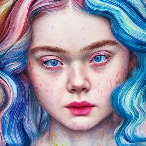 Prompt: professional painting of Elle Fanning in the style of Hikari Shimoda, head and shoulders portrait, symmetrical facial features, smooth, sharp focus, illustration, intricate, stormy weather, extremely detailed masterpiece,