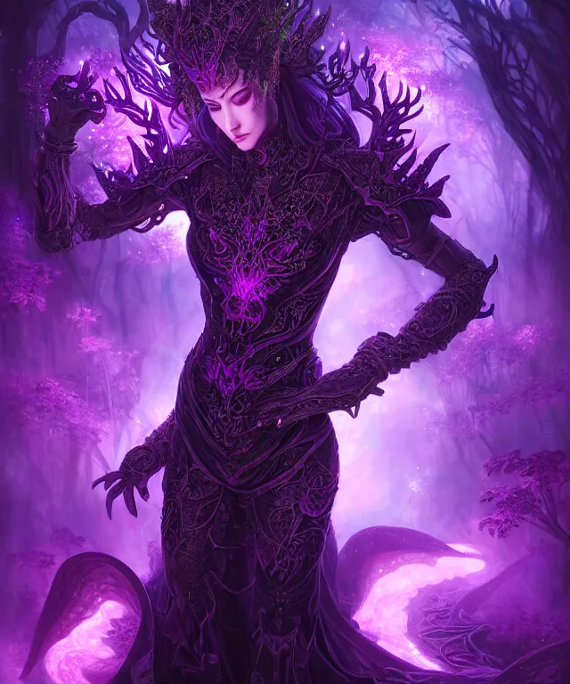 Image similar to ultra detailed, magical realism, portrait painting, of the beautiful empress in black dragon armor within the enchanted purple forest, glowing purple, volumetric lighting, illusion, intricate details, by ross tran.