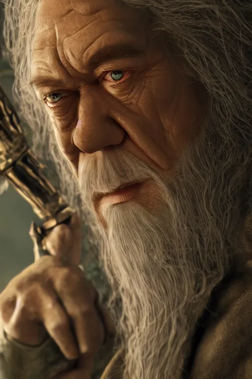 Image similar to film still of gandalf starring as the hulk, cybertronian, long shot, cinematography by wes anderson, 4 k octane render, intricate detail, photorealistic, cinematic lighting, artstation