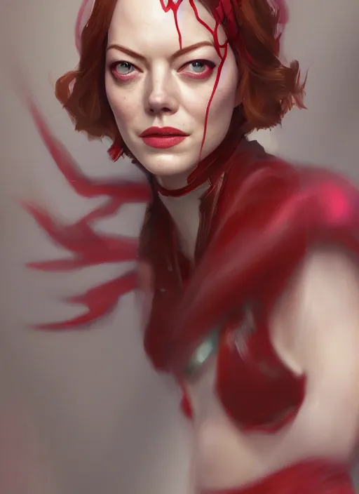 Image similar to portrait of emma stone as scarlet witch, hyper detailed, digital art, trending in artstation, cinematic lighting, studio quality, smooth render, unreal engine 5 rendered, octane rendered, art style by klimt and nixeu and ian sprigger and wlop and krenz cushart.