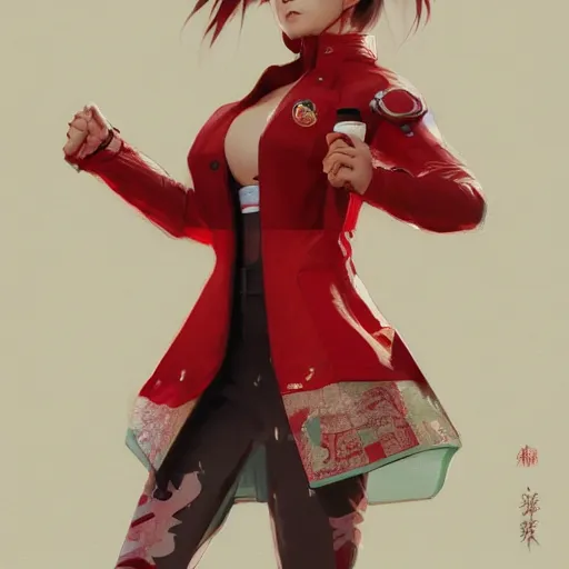 Image similar to full body long shot of Japanese female wearing red futuristic jacket and shorts, highly detailed, digital painting, artstation, concept art, sharp focus, illustration, art by greg rutkowski and alphonse mucha