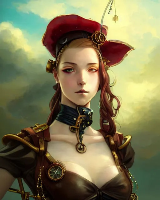 Image similar to a beautiful close up portrait 2D illustration of a young female steampunk pirate wearing leather armor on gold and red trimmings on green, by Charlie Bowater, tom bagshaw, Artgerm and Lois Van Baarle, beautiful anime face, very cool pose, pirate ship with an epic sky background, pondering face, smart look, cinematic anime lighting and composition, fantasy painting, very detailed, ornate, trending on artstation and pinterest, deviantart, google images