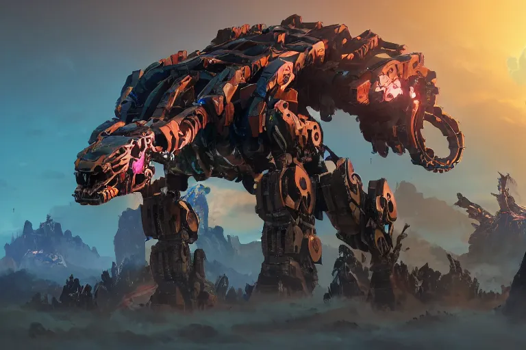 Image similar to ravager machine mecha animal beast robot of horizon forbidden west horizon zero dawn bioluminiscence global illumination ray tracing hdr fanart arstation by sung choi and eric pfeiffer and gabriel garza and casper konefal