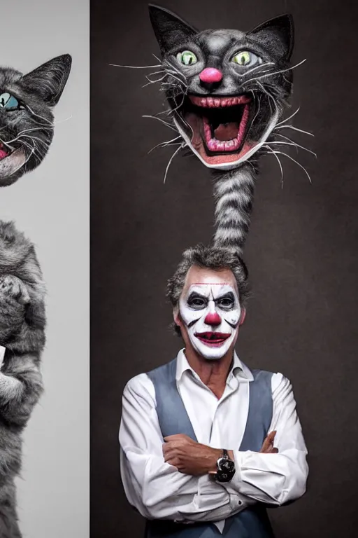 Image similar to Mauricio Macri with an angry cat in his hand in Elaborate Joker Makeup and prosthetics designed by Rick Baker, Hyperreal, Head Shots Photographed in the Style of Annie Leibovitz, Studio Lighting