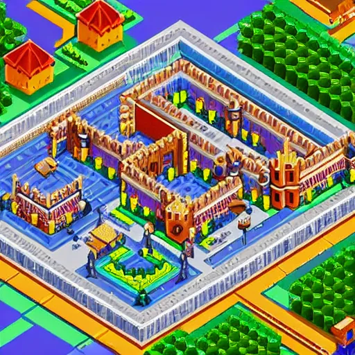 Image similar to isometric pixel art, soft lighting, pixel town, medival Pixelated castle, ultra detailed