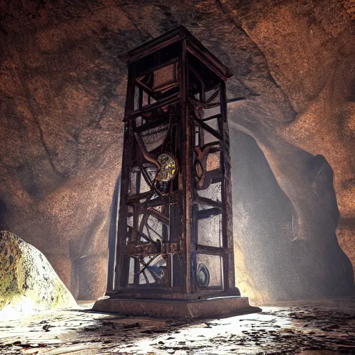 Image similar to an abandoned old rusty clocktower in a dark enormous cave dream photography, painting, perfectly balanced light, digital art, unreal engine, trending on artstation,