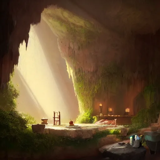 Image similar to cozy, empty bathhouse hidden in a cave, candlelight, towels, cushions, natural light, lush plants and flowers, elegant, smooth cave rock, fantasy, atmospheric lighting, digital painting, Greg Rutkowski concept art