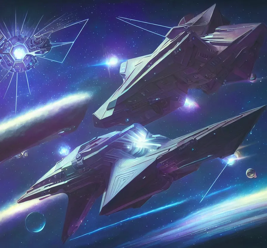 Image similar to realistic geometric spaceship with canons and energy lazers, sci - fi, technologi, constellation geometry space mandal background, breathtaking stars, elegant, highly detailed, digital painting, artstation, concept art, smooth, sharp focus, spiritual art, art by artgerm and greg rutkowski and alphonse mucha, psychedelic, illustration, painting oil,