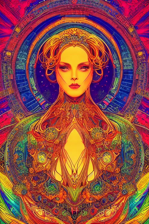 Prompt: beautiful goddess of space and dreams, mandala, coherent design, symmetrical, vivid colors, digital watercolor ink illustration painting, complementary color, golden ratio, detailed, sharp lines, sharp focus, intricate, rainbowshift, artgerm, gustave dore, maxfield parrish, alphonse mucha, octane render
