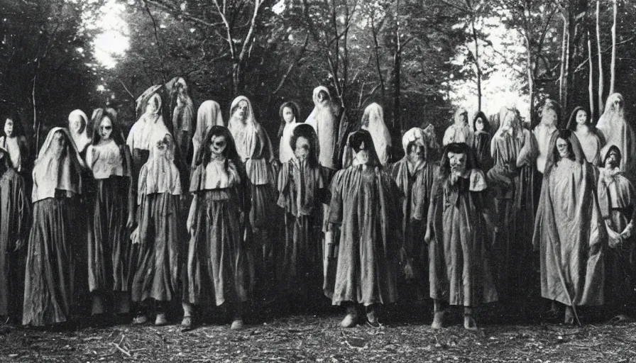 Image similar to photo of group 19th century cult cultists in the dark forest by Diane Arbus and Louis Daguerre