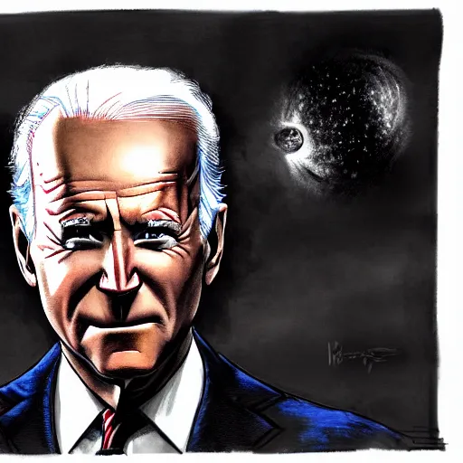 Prompt: dark, evil joe biden standing in front of the collapse of the universe, painting, trending on art station, high quality