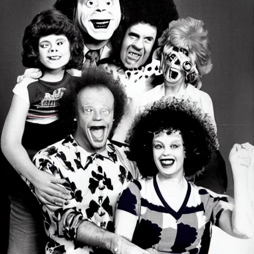Image similar to vintage 1 9 8 0's sitcom publicity photo, a happy photogenic family and richard simmons as a horrifying angry detailed monstrous demon creature inside a 1 9 8 0's sitcom living room