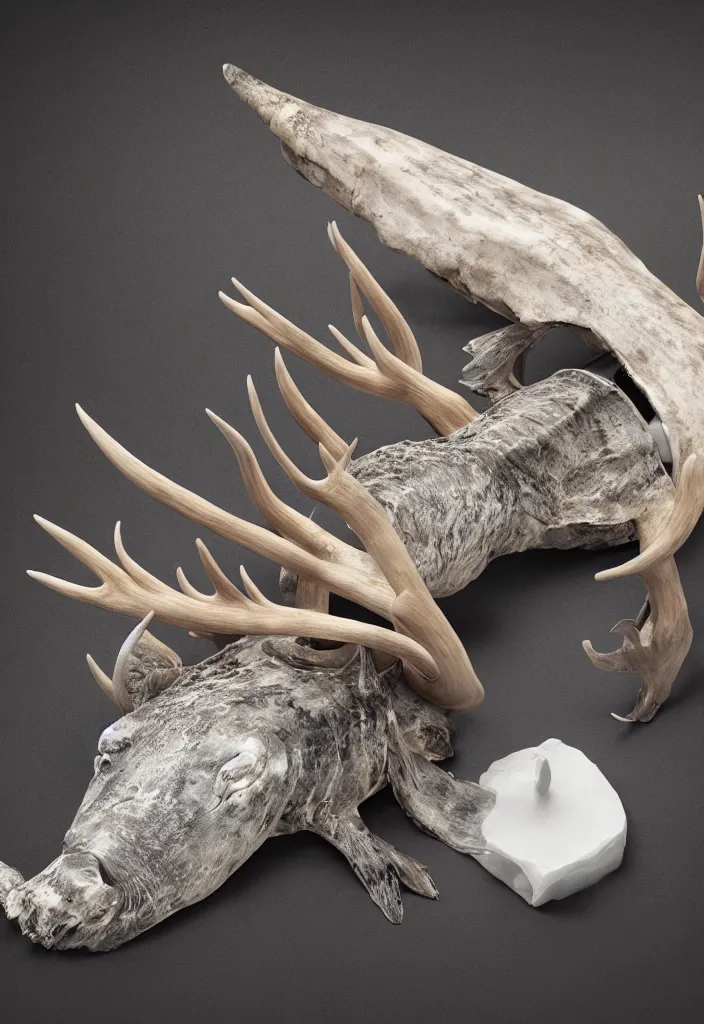 Prompt: delicate animal innards, antlers white bones ,melted wax, sharp slate. complementary color scheme. national geographic. 8k, rendered in octane, smooth gradients. narwhal