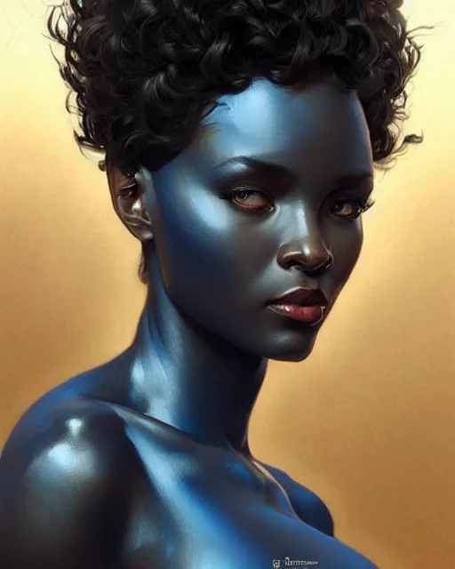 Prompt: Portrait of very very very very very very beautiful black woman, spacesuit, blue eyes, real life skin, intricate, elegant, highly detailed, artstation, concept art, smooth, sharp focus, art by artgerm and greg rutkowski and alphonse mucha