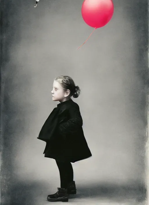 Image similar to little girl looks at a balloon that flies away, fine art portrait photography by Sarah Moon