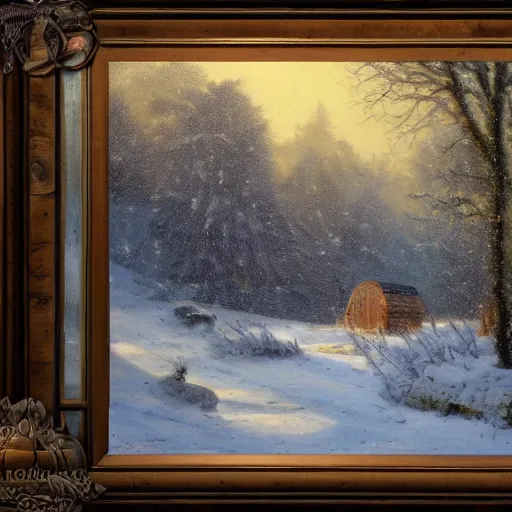 Prompt: beautiful oil painting, snowy snow storm, woodland meadow, log cabin, smoke billowing from chimney, evening, light from window, water stream, water wheel, oak trees, pine trees, rabbits, squirrel, fox, mild breeze wind, falling snow, snow on trees and ground, mountain in background, high detailed