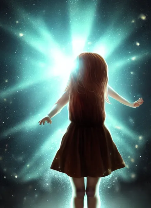 Prompt: girl shakes a bottle containing the sun and the milky way in a dimly lit room. fantasy art, horror, nightmare, photo realistic, dynamic lighting, artstation, poster, volumetric lighting, very detailed faces, 4 k, award winning