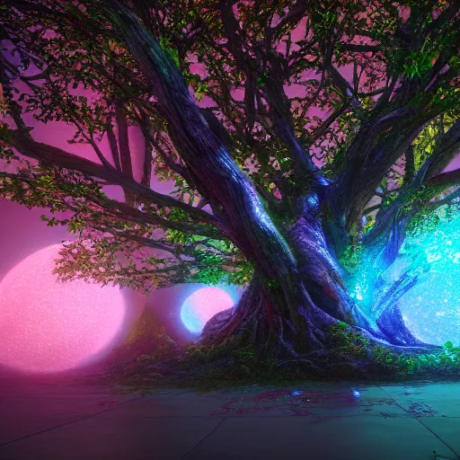 Prompt: the tree of life made out of glass, volumetric illumination, octane render, cinematic lightning, trending artstation, 8 k, simulacra, highly detailed, vivid colors, dramatic scene
