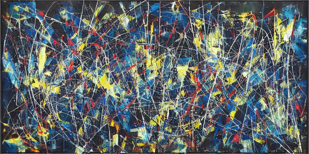 Image similar to “ a geometric mixed media painting, collaboration with pierre soulages and jackson pollock in which the paint strokes express a symphonic poem, ultra detailed, elaborate, 2 d with 3 d feel, unique textures, pattern, orchestra, music wave patterns embedded in the paint, triadic colors, hazy noisy tones ”