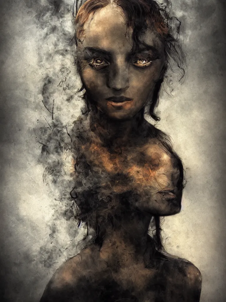 Prompt: a portrait of a beautiful young woman made of smoke and ember, high contrast, hdr, by enki bilal and daarken