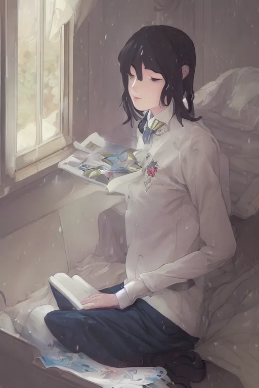 Image similar to a girl in a jk uniform outfit in the bedroom reading a book in a night, raining outside the window, dark and grey theme ， wavy white long hair, by krenz cushart and mucha and akihito yoshida and greg rutkowski and makoto shinkai, detailed eyes, 4 k resolution 、 trending on art station