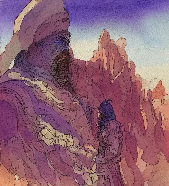 Prompt: a 3 / 4 view watercolor ink painting of an android shaman / wizard wandering desert bringing miracles in the style of jean giraud in the style of moebius trending on artstation deviantart pinterest detailed realistic hd 8 k high resolution