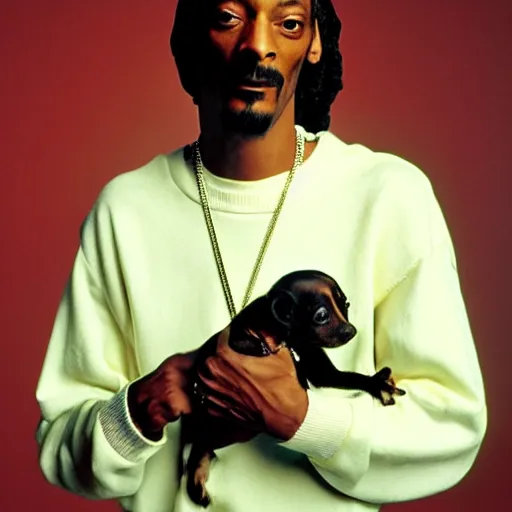 Prompt: Snoop Dogg holding a little puppy for a 1990s sitcom tv show, Studio Photograph, portrait, C 12.0