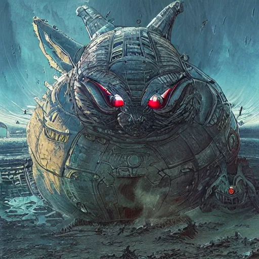 Image similar to the world destroyer big chungus, evil, glowing red eyes, hyper realistic, fantasy art, in the style of chris foss and alan lee, intricate, hyper detailed, smooth, intricate complexity, in the style of artgerm and ilya kuvshinov, magic the gathering