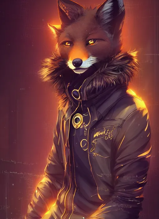 Image similar to award winning beautiful portrait commission of a male furry anthro melanated fox fursona with a tail and a cute beautiful attractive detailed furry face wearing stylish black and gold cyberpunk clothes in a cyberpunk city at night while it rains. Character design by charlie bowater, ross tran, artgerm, and makoto shinkai, detailed, inked, western comic book art