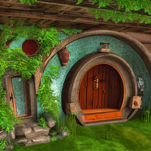 Image similar to hobbit house as a scene from quake 3, digital art