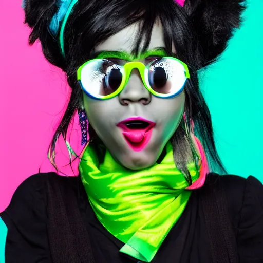 Image similar to beautiful Girl with a bandana, big mouth, big eyes, short black hair, in a neon style, close up