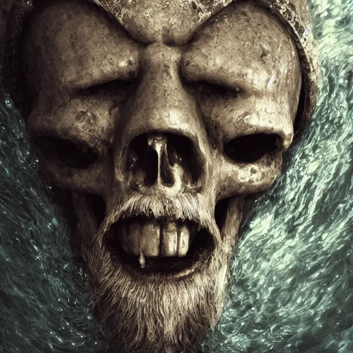 Image similar to bearded Viking face with skull showing on half of face rising through water surface, seen from above, dark fantasy art, 4k ultra hd, trending on artstation