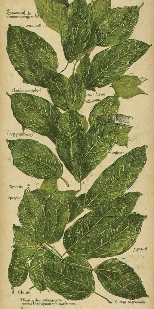 Image similar to scan of the leaves of an old cursed herbarium, by john howe, infographic, textbook, marginalia