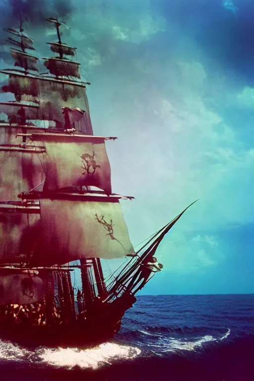 Prompt: the black pearl from pirates of the caribbean sailing across rough and cruel seas, ektachrome photograph, volumetric lighting, f 8 aperture, cinematic eastman 5 3 8 4 film