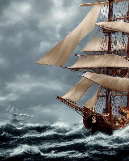 Image similar to a tall ship sailing vessel in stormy windy seas, in the style of louis phillipe crepin, hypermaximalistic, high details, cinematic, 8 k resolution, beautiful detailed, insanely detailed, trending in artstation, octane render, unreal engine