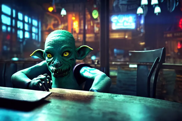 Image similar to a bored male goblin punk sitting alone at a table in a cafe in a cyberpunk city, close up shot, sharp focus, shallow depth of field, highly detailed face, 8k, unreal engine 5, cinematic lighting, vivid elegant fantasy concept art, character art, cold blue neon atmosphere, artstation, deep complimentary colors, volumetric lighting, photorealistic, hyperdetailed 3D matte painting, hyperrealism, hyperrealistic masterpiece