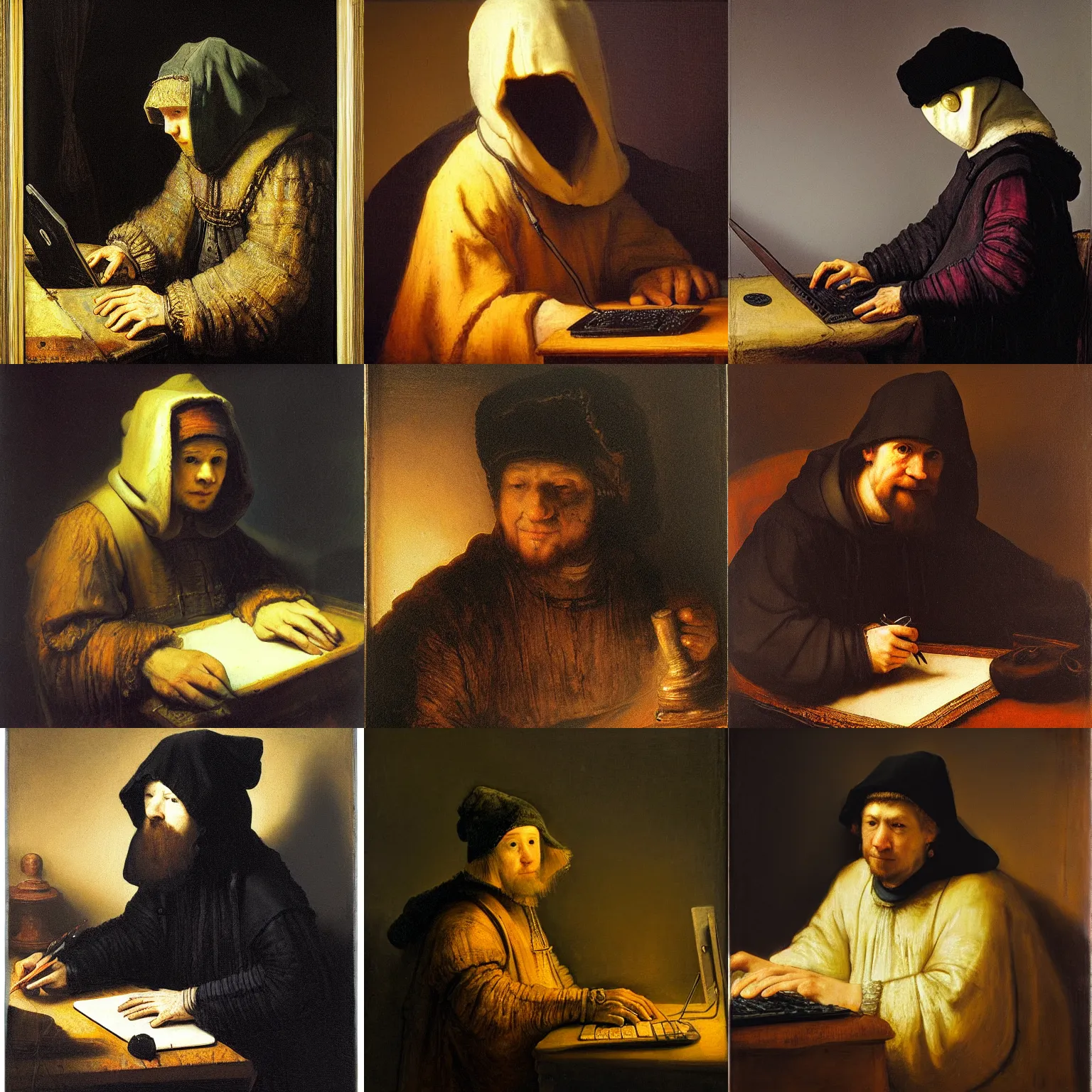 Prompt: rembrandt painting of a hooded hacker working on a computer