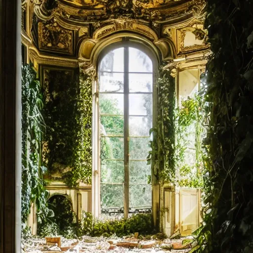 Prompt: a dream about inside opulent abandoned overgrown Palace of Versailles, lush plants growing through the floors and walls, walls are covered with vines, beautiful, dusty, golden volumetric light shines through giant broken windows, rich with epic details and dreamy atmosphere