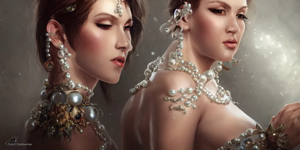 Image similar to a_realistic_liquid_queen_with_a_decorated_dress_made_of_white_pearls__highly_detailed_digital_painting_Trending_on_artstation__HD_quality_by_artgerm H 1024